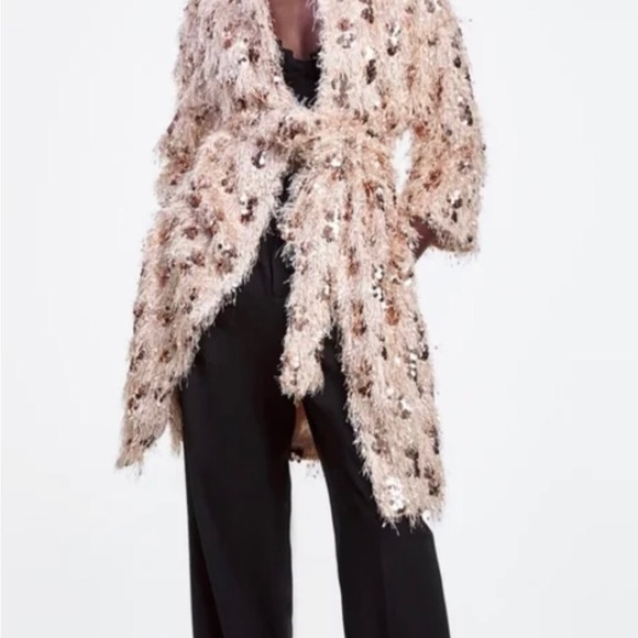Zara Eyelash Fringe Sequin Pink Cardigan Robe Kimono with Belt XS/S - Picture 4 of 8